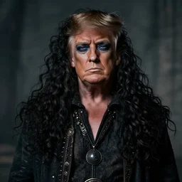 ethereal beautiful donald trump with long curly hair in romany gypsy outfit, high detail, detailed dark eyeshadow, black dark aesthetic, fantasy, epic style