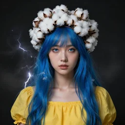 cotton goddess, with blue hair, yellow dress, crown of white! cotton!!!! flowers, beautiful symmetrical face!!!, cinematic lightning, murky dusty deep smoky eyes, isolated, studio lighting, artgerm, yuri shwedoff, tom bagshaw