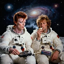 close up portrait of david bowie and astronaut major tom, sit on the dark side of the moon, listen to pink floyd on an old cassette recorder and smoke a ganka joint, enjoying the contemplation of deep space with millions of galaxies : eremy mann and alphonse mucha, photo realistic, dynamic lighting, windy, artstation, poster, dreamy, volumetric lighting, ethereal, 4 k, high detail,