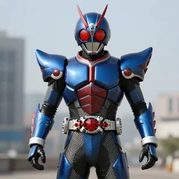 High Fantasy Kamen Rider, blue armor with red secondary color, 4k, glowing eyes, daytime, rubber undersuit with chainmail texture, dragon inspired armor