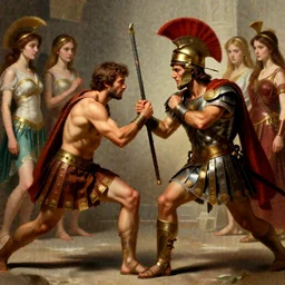 ancient historically accurate depiction of the Bible duel bettween a Spartan and Persian , girls in the background by frank miller, illustration by Ruan Jia and Mandy Jurgens and William-Adolphe Bouguereau, Artgerm, 4k, digital art, surreal, space dandy style, highly detailed, godsend, artstation, digital painting, concept art, smooth, sharp focus, illustration by Ruan Jia and Mandy Jurgens and William-Adolphe Bouguereau,