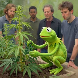 kermit the frog tending his cannabis garden in the style of realism by android jones, alex grey, chris dyer, and aaron brooks