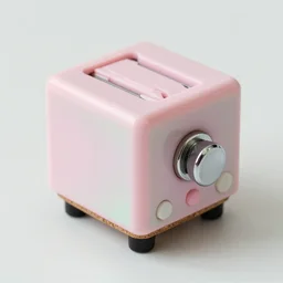 high fidelity film photographic anthropological study. iridescent hard surface cube casing, thin cork base, rubber nib feet, button user interface. worn chrome lever. pastel pink plastic casing. motorised sliders. three point light. soft focus.