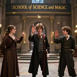 sharp, highly detailed, high quality frame from a 2 0 1 9 sci fi color movie, set in 1 8 5 0 in an alternate universe, mid distant shot of three students practicing magic, at the'school of science and magic ', 1 8 5 0 s era clothing, good lighting, in focus, live action, award winning lighting, award winning photography