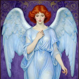 An angelic woman with short red hair in light blue garbs by Gustav Klimt, ornate purple background, detailed