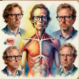 colored character study of todd solondz lars von trier, glasses | vivid colors : storyboard, dramatic and emotional, concept design, realistic. by gabriel hardman, joe alves, j. todd anderson, chris bonura. cinematic atmosphere, detailed and intricate, perfect anatomy