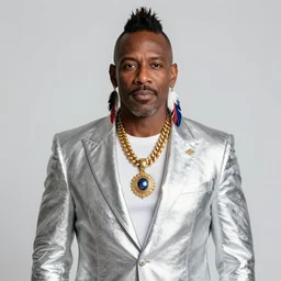 mr. t as president of the galaxy wearing gold jewelry and a shiny silver suit, mohawk, feather earrings, patriotic, professional studio photo, medium shot
