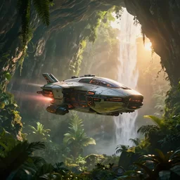a sci - fi flying car floating in a prehistoric jungle cave, lush flora, waterfall, sunset, hazy, volumetric lighting, rtx on, photorealistic render, unreal engine 5