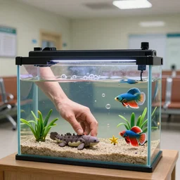 fish tank in hospital waiting room. hands in tank. plasticine model in water. newt. figures clay. weird. surreal. tropical fish tank with sand. strange. bubbles. tilt shift. tank. siamese fighting fish. aquatic photography. photorealistic. waiting room