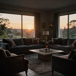 sunset in a tastefully decorated living room with dark luxurious furnishings, and a mix of antique and modern furniture, and a mix of concrete and wood finishes, soft focus cinematic still, dark dreamy golden dappled light