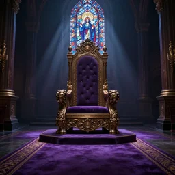 Digital art of the opulent throne room Imperial matte finish, ominous dramatic  wide angle, god rays stained glass Marc Simonetti purple rugs