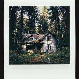 polaroid of an abandoned house in front of a very deep pine forest. eerie, liminal, abandoned