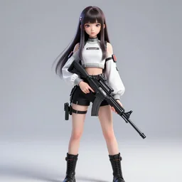 uncropped full body character portrait poster girl with futuristic streetwear holding a rifle, long straight hair, duotone colour, cute face, pretty face, anime by kuvshinov ilya, artgerm and greg rutkowski, 4 k, hdr, graphic design, adobe illustrator, behance, trending on artstation