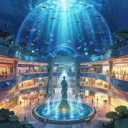 multi-level shopping mall in a bustling beautiful city on the ocean floor inside a glass dome at night, anime, fountain, statue, underwater, rapture, fish flying over head, godrays, a fantasy digital painting by Makoto Shinkai, trending on Artstation, highly detailed