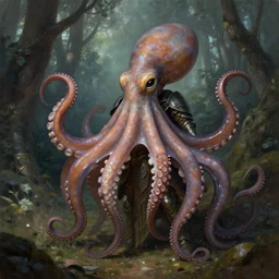 photo of a humanoid octopus hybrid were a heroic dress an armour in the forest, long hair, highly detailed, digital painting, artstation, smooth, sharp focus, illustration, art by artgerm and greg rutkowski and alphonse mucha