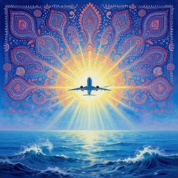 psychedelic paisley patterns in the sky, airplane flying over the ocean 🌊, fantasy landscape, radiant light rays, backlit, symmetrical details, sharp focus, photorealistic painting, award winning painting, volumetric lighting, artstation