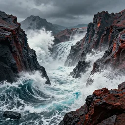 violent! waves crashing against mountainous volcanic rocks, dramatic composition film cinematography, figurative surrealism depicting complex geometry, pop nature art 3 d fractal rendering, juxtapoz, 4 k wallpaper masterpiece