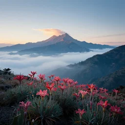 landscape photography, alien sifi flowers, wallpaper and mountains, cold lighting, morning hour, mountains, clouds, beautiful, kodachrome, 4 k, hd