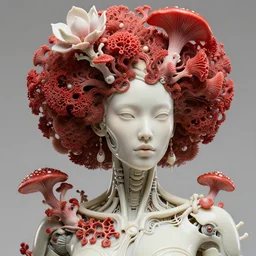 intricate hyper detailed ultra sharp focus front shot 3 d render of a beautiful porcelain ivory afro woman, close - up, f 2. 8 1 5 0 mm, sharp focus, alexandre ferra, elegant bionic cyberpunk mechanical haute couture red fractal mushroom corals, mycelum and fungi, magnolia goliath head ornaments, sinuous roots filigree, octane render, volumetric cinematic lighting, 8 k,