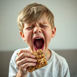 white boy screaming and crying while eating a muesli bar funny photo, award winning photo, beautiful hyper realistic photo, 3 5 mm camera lens