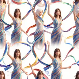 a seamless pattern of photorealistic elaborate and detailed woman waving colorful ribbons, smooth patterns, accents, 3 d, full details, realistic, artstation, futuristic, aerial view, macro shot, closeup detail, right angles, perfectly symmetric, octane render in maya and houdini, vray, ultra high detail ultra realism, unreal engine
