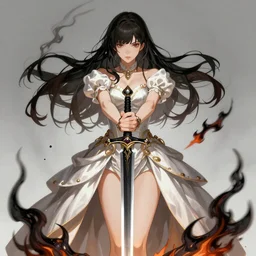 Beautiful, fighting girl, wearing very fine gown, holding a sword with black flames, symmetrical face, artgerm, character