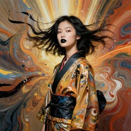 filmstill, over the shoulder, upper body, photography of asian girl model, highly detailed, acrylic fluid abstract art, 8 k, ultra realistic, epic scene, photography by amy leibowitz, black lips, black ribbons in the wind, latex kimono, warm colors, sculpture, volumetric light, lightbeams, art noveau style, neobrutalistic, liquid acrylic paint fluid, painted by monet and kandinski, photography, hypperrealistic, beautiful details, smooth illustration