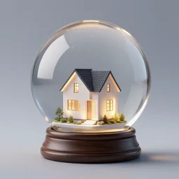 crystal ball with mini modern house with led strip lights inside it, octane render hyperdetailed,