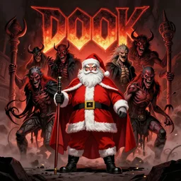 ( doom ) cover featuring santa!! claus!! surrounded by demons, by jimmy presler, artstation, vivid gaze