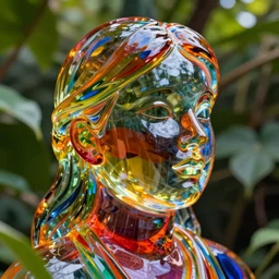 A vibrant colorful semi transparent glass statue of a woman's face, transparent, high definition, foliage, leaves, high definition photography