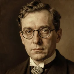 majestic close - up full - head portrait of a 1 9 2 5 man with receding hair, light brown eyes, thick glasses, well dressed, wearing an art deco brooch on his left lapel, dark, brooding, atmospheric lighting, painted, sepia, intricate, ultra - detailed atmospheric lighting, painted, curious, intricate, volumetric lighting, beautiful, rich deep colours masterpiece, golden hour, sharp focus, ultra detailed, by leesha hannigan, ross tran, thierry doizon, kai carpenter, ignacio fernandez rios