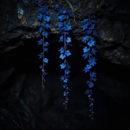 blue vines in a dark cave, creepy