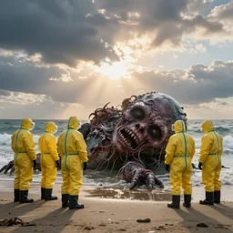 Professional Photography, long shot, People in yellow chemical hazmat suits are investigating a huge creepy creature washed up on the beach.