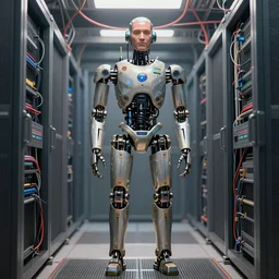 concept art of full - body robot with human face, diesel, in server room, wires, by pascal blanche rutkowski artstation blender detailed