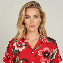 blue - eyed blonde woman wearing a red with black flowers aloha shirt