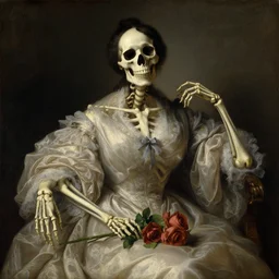 an old masters oil painting of a beautiful woman who is part skeleton, she has half a skull face, she has beautiful victorian clothes on, roses rest on her lap,
