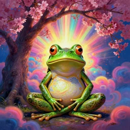 anthropomorphic frog meditating under a cherry tree, [ palate ] [ vibrant gothic colors ], vibrant neon nebulous clouds, radiant light rays, photorealistic painting, intricate and fine symmetrical details, volumetric lighting, artstation, octane render, unreal engine