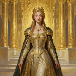 painting of eowyn in front of the golden palace, decorated, intricate, elegant, highly detailed, digital painting, artstation, concept art, smooth, sharp focus, illustration, art by artgerm and greg rutkowski and alphonse mucha, 8 k