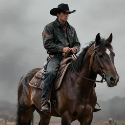 cowboy on a horse. Dark. Mysterious. trending on artstation, high detail, masterpiece, in the style of Ruan Jia and Brad Rigney