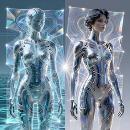 symmetry!! holograms overlayed, tranparent 3 d graphics, water, hybrids, tech wear, scifi, glowing lights!! intricate elegant, highly detailed, digital painting, artstation, concept art, smooth, sharp focus, thin glowing wires, illustration, art by artgerm and greg rutkowski and alphonse mucha