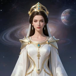 portrait of the powerful empress of the solar system in the style of anna dittmann and in the style of bob eggleton. glowing, ornate and intricate linework, stunning, dynamic lighting, ultrafine and hyperdetailed.