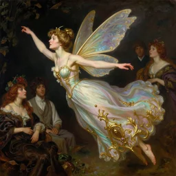 dynamic composition, pixie with dragonfly wings, pixie wearing gown, full figure view, pixie flying, side view, ornate gilded details, pastel colors, a surrealist painting by tom bagshaw and jacek yerga and tamara de lempicka and jesse king, wiccan, featured on cgsociety, pop surrealism, surrealist, dramatic lighting