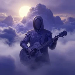 A figure of a man with a guitar obscured by clouds and mist. The clouds look like mountains high in the sky, the clouds are a deep blue purple color with the sun blazing behind the clouds, deep focus, D&D, fantasy, intricate, elegant, highly detailed, digital painting, artstation, concept art, matte, sharp focus, illustration, hearthstone, art by Artgerm and Greg Rutkowski and Alphonse Mucha