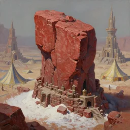 a naturally reddened outcropping of stone juts out of the salted crag, matte oil painting, colored merchant tents, retrofuturistic science fantasy, dungeon, stone bricks, shrines, rpg, epic, extremely detailed, sharp focus, 4 k