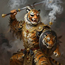 masterful fantastic realist painting an exotic ancient feathered and bejeweled bird wearing an exquisitely painted bugaku mask of a tiger, gold chains strung like tinsel, digital painting trending on artstation, viciously blinded, bugaku tiger cosplay, shield and sword, swinging holy censors with thick smoke, volumetric lighting and mist, 3 / 4 portrait painting, hyper