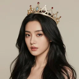 A portrait of long black haired women with crown, in style of Tim Okamura and Andrew Ferez