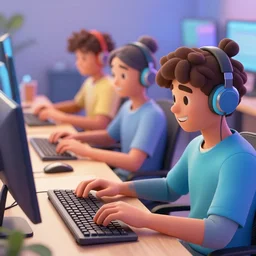 Beta users of StableDiffusion happily typing on their keyboard, realistic, vibrant, octane render
