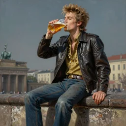 beautiful oil matte portrait painting, 8 0 s punk sitting on top of the berlin wall drinking beer, wonderful masterpiece highly detailed, beautiful cinematic light deep focus, elegant, digital painting, smooth, sharp focus, golden ratio, dramatic illumination, ultra realistic, 8 k, art by jimmy law
