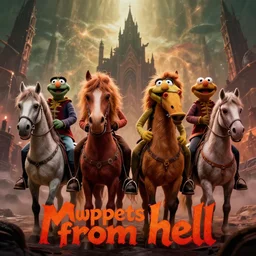 the four horsemen of the apocalypse as muppets, riding, heroic pose, end of the world in the background, aign in front with text muppets from hell, cinematic frame,