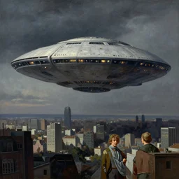 a stunning painting of huge alien spaceship floating above a city, by thomas kinkade and john aktinson grimshaw, matte painting, moody palette